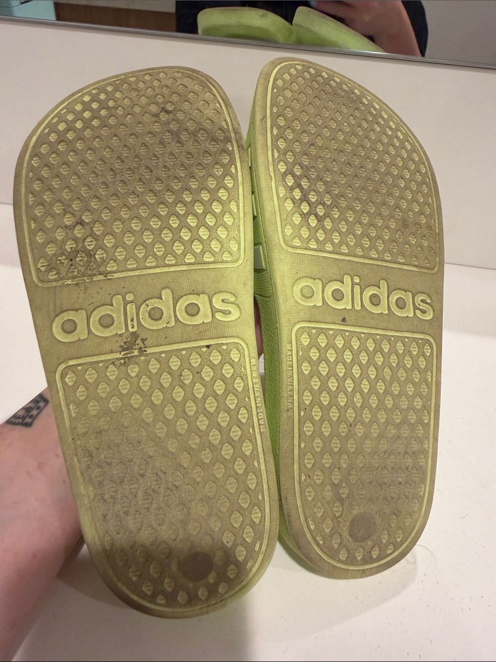 adidas Neon Lime Slide Sandals with White Stripes - Picture 2 of 3